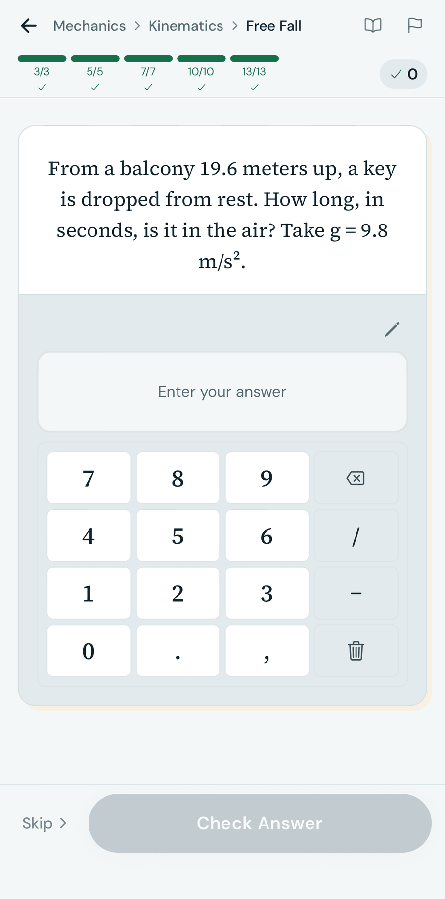 Physics Zen practice screen with a generated problem and instant checking