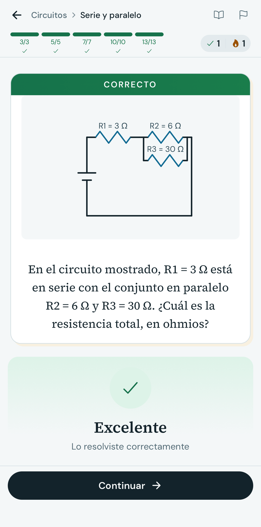 Pantalla de práctica de Physics Zen con un problema generado y corrección inmediata