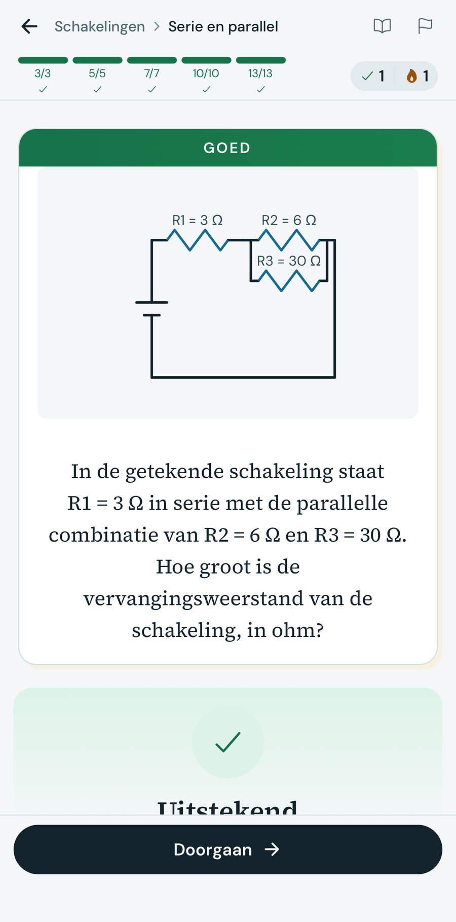 Oefenscherm van Physics Zen met een gegenereerde opgave en directe controle
