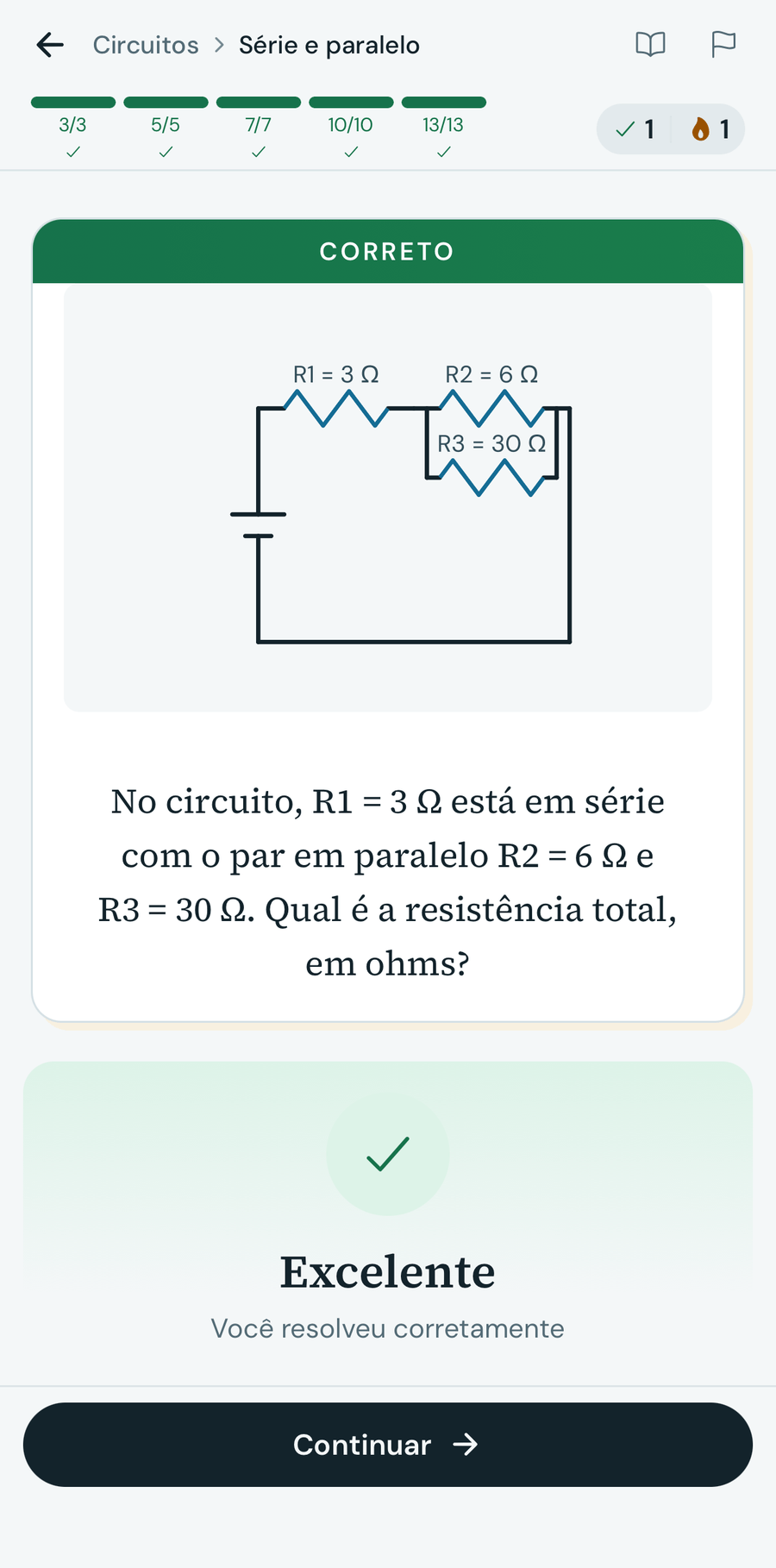Tela de prática do Physics Zen com um problema gerado e correção imediata