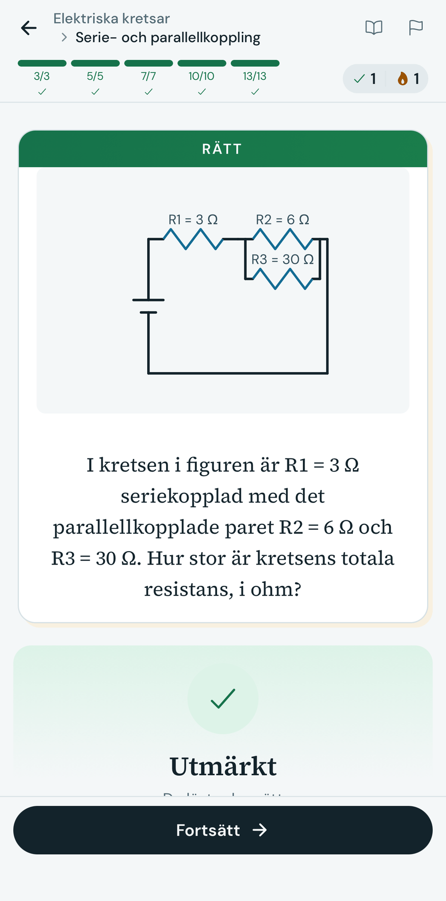 Övningsskärm i Physics Zen med en genererad uppgift och direkt rättning